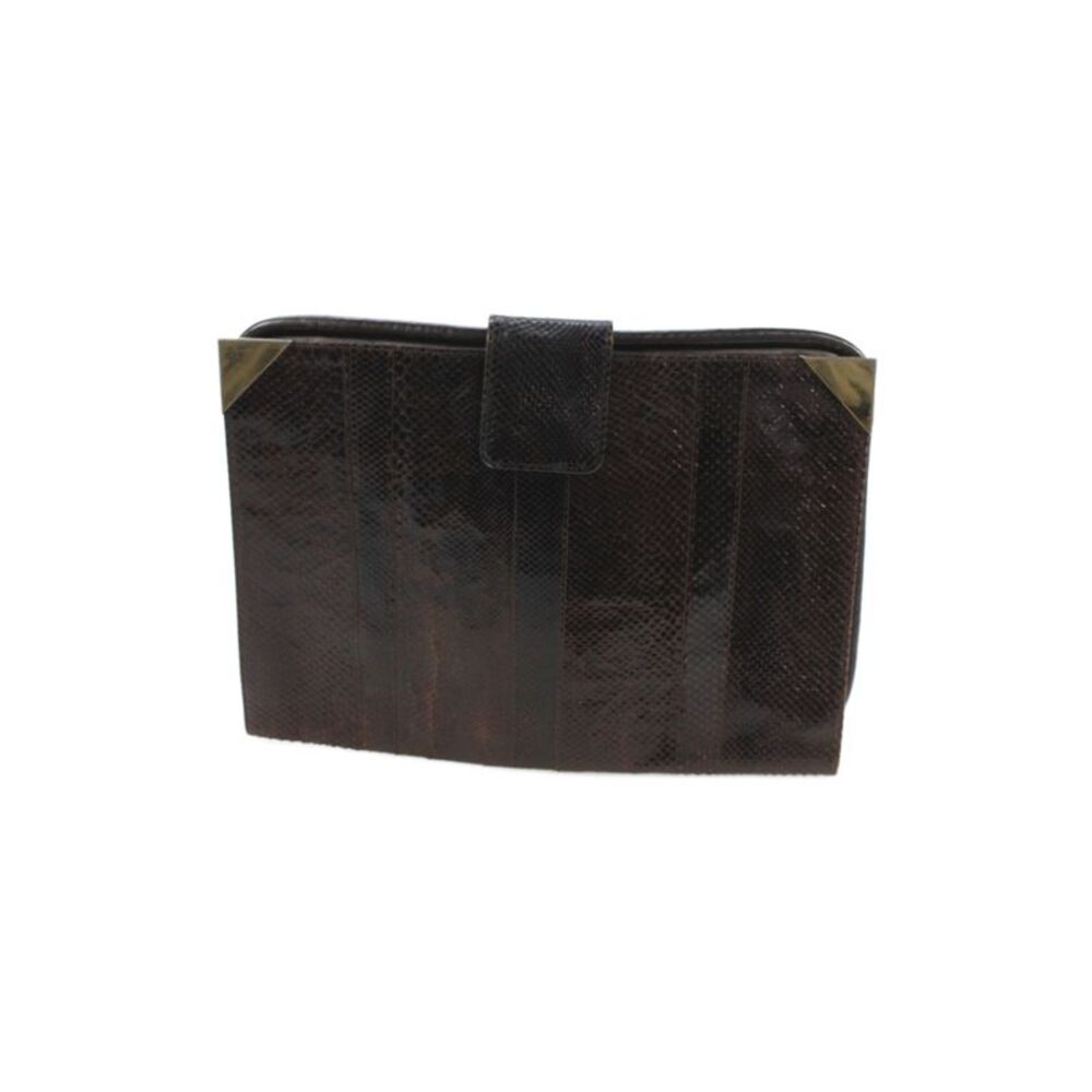 Tano Handbags Womens Rectangular Snakeskin Clutch Handbag Brown Gold Tone